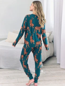 Chelsea Peers Green Trouser Tiger Print Long Pyjamas Set New