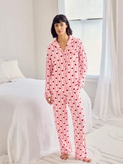 Chelsea Peers Pink Wavy Stripe Heart Print Long Pyjamas Set Outlet