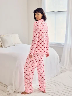 Chelsea Peers Pink Wavy Stripe Heart Print Long Pyjamas Set Outlet