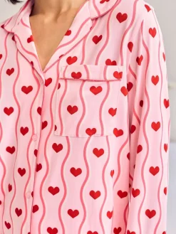 Chelsea Peers Pink Wavy Stripe Heart Print Long Pyjamas Set Outlet