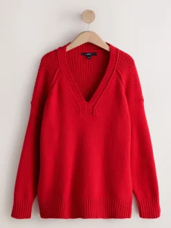 Next Cotton And Wool Blend Longline V-Neck Jumper Cherry Red Best