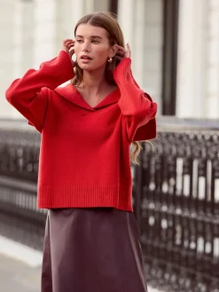 Next N.Premium 100% Lambswool Sailor Collar Jumper Cherry Red Best