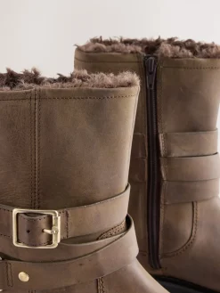 Next Forever Comfort® Borg Lined Buckle Trim Ankle Boots Chestnut Brown Oiled Leather New