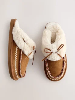 Next Chestnut Brown Stitch Suede Faux Fur Lined Mule Slippers Clearance
