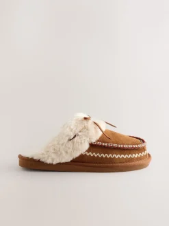 Next Chestnut Brown Stitch Suede Faux Fur Lined Mule Slippers Clearance
