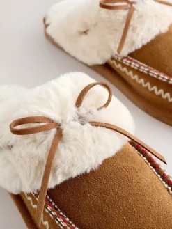 Next Chestnut Brown Stitch Suede Faux Fur Lined Mule Slippers Clearance