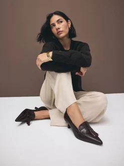 Next Premium Leather With Motionflex Point Toe Tassel Heels Loafers Choc Brown Outlet