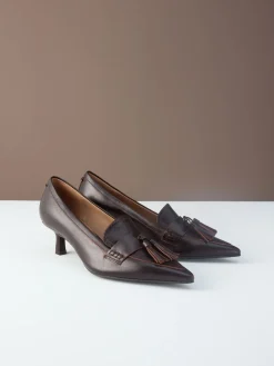 Next Premium Leather With Motionflex Point Toe Tassel Heels Loafers Choc Brown Outlet