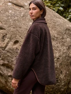 Next Borg Zip Through Fleece With Rib Collar Chocolate Brown