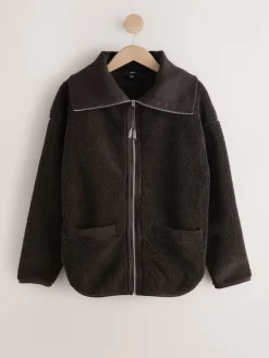 Next Borg Zip Through Fleece With Rib Collar Chocolate Brown