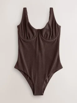 Next Chocolate Brown Crinkle Tummy Control DD+ Wired Swimsuit Sale