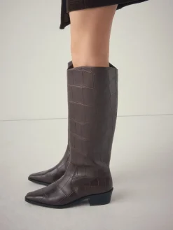 Next Forever Comfort® Chisel Toe Knee High Boots Chocolate Brown Croc Embossed New