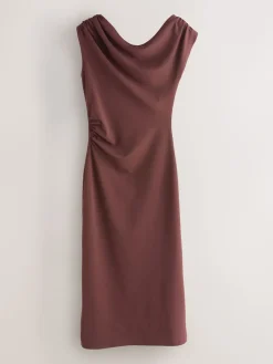 Next Draped Midi Ruched Dress Chocolate Brown Online