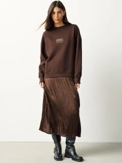 Next 2-In-1 Sweatshirt With Satin Midi Skirt Chocolate Brown Embroidery Outlet