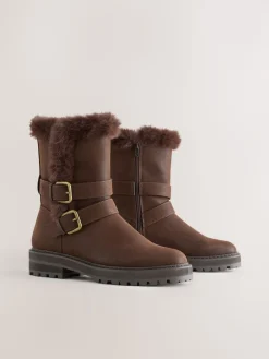 Next Extra Wide Fit Forever Comfort® Double Buckle Faux Fur Lined Ankle Boots Chocolate Brown Discount