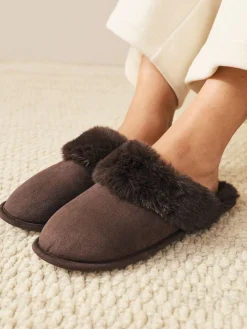 Next Faux Fur Suede Mule Slippers Chocolate Brown Discount