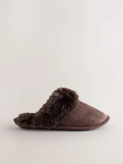Next Faux Fur Suede Mule Slippers Chocolate Brown Discount