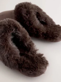 Next Faux Fur Suede Mule Slippers Chocolate Brown Discount