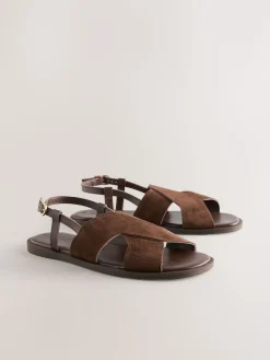 Next Standard/Wide Fit Stitched Slingback Sandals Chocolate Brown Leather