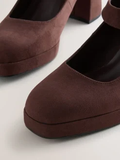 Next Forever Comfort® Brogue Mary Jane Platform Block Heels Chocolate Brown Microfibre Best