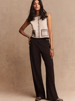 Next Ponte Wide Leg Trousers With Gold Button Detailing Chocolate Brown New