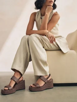 Next Premium Leather Craft Wedge Heels Chocolate Brown Discount