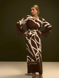 Next V-Neck 3/4 Length Sleeve Maxi Kaftan Dress Chocolate Brown Print Hot