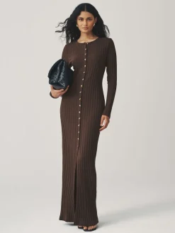 Next Ribbed Long Sleeve Button Down Midi Dress Chocolate Brown Clearance