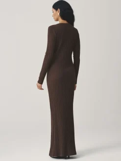 Next Ribbed Long Sleeve Button Down Midi Dress Chocolate Brown Clearance