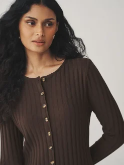 Next Ribbed Long Sleeve Button Down Midi Dress Chocolate Brown Clearance