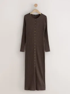 Next Ribbed Long Sleeve Button Down Midi Dress Chocolate Brown Clearance