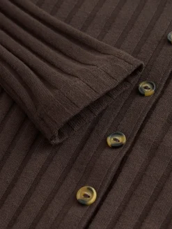 Next Ribbed Long Sleeve Button Down Midi Dress Chocolate Brown Clearance