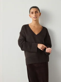 Next Ribbed V-Neck Knitted Jumper Chocolate Brown New