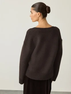 Next Ribbed V-Neck Knitted Jumper Chocolate Brown New