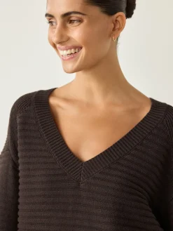 Next Ribbed V-Neck Knitted Jumper Chocolate Brown New