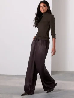 Next Satin Tie Waist Wide Leg Trousers Chocolate Brown