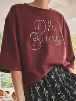 Next Chocolate Brown Slogan Short Pyjamas Set New