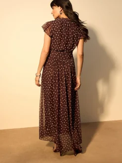 Next Pleated Mesh Print V-Neck Occasion Maxi Dress Chocolate Brown Spot Clearance