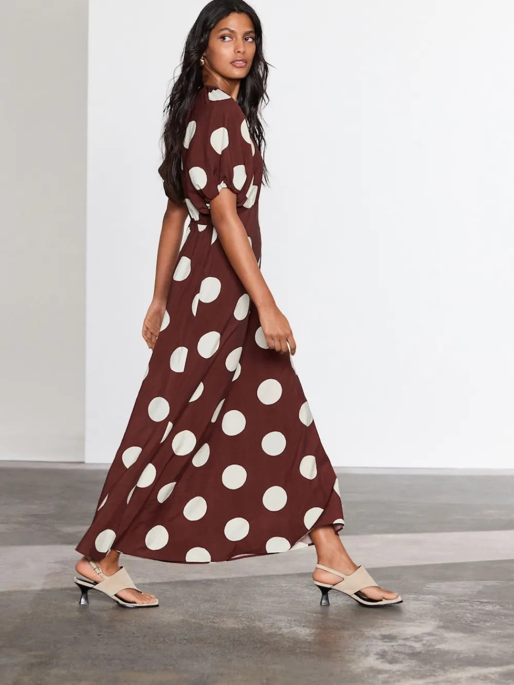Next Print Puff Sleeve Midi Dress Chocolate Brown Spot