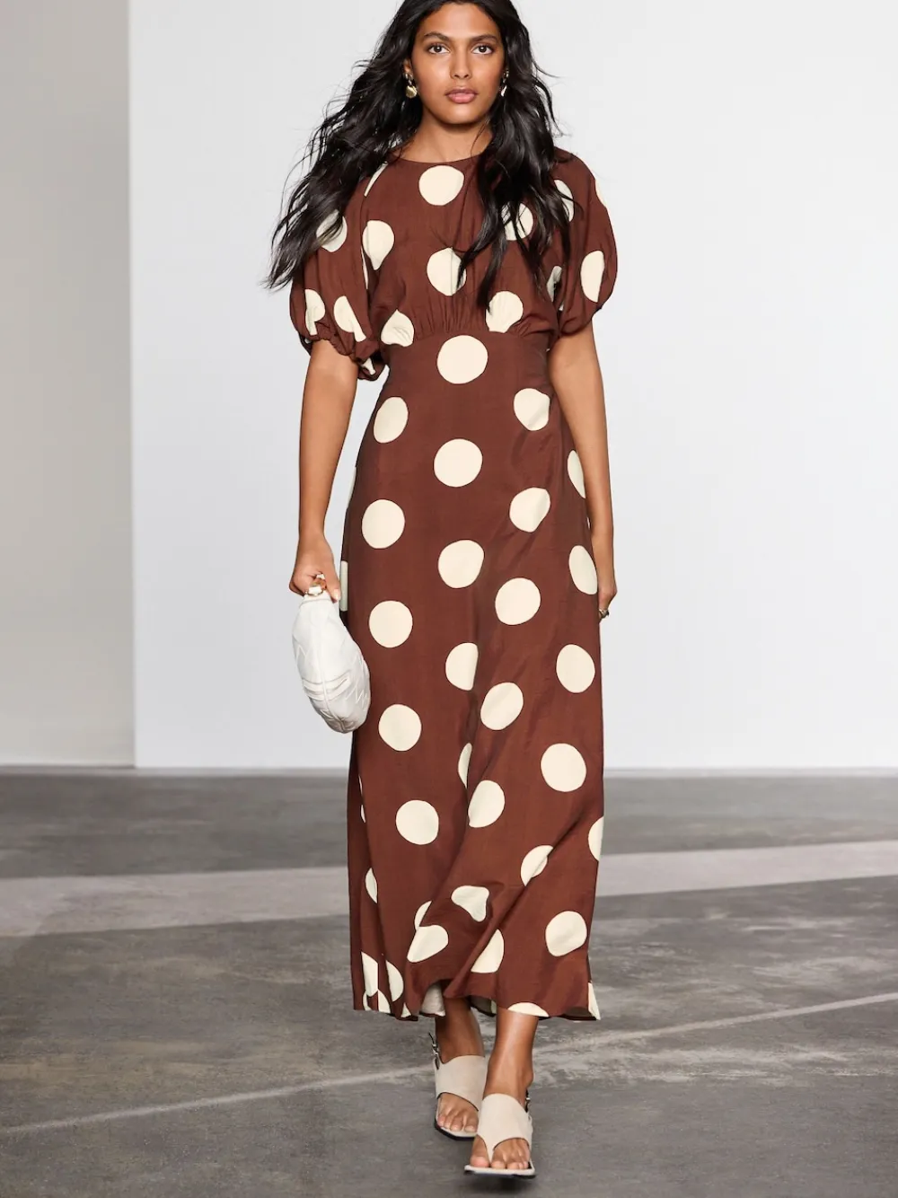 Next Print Puff Sleeve Midi Dress Chocolate Brown Spot