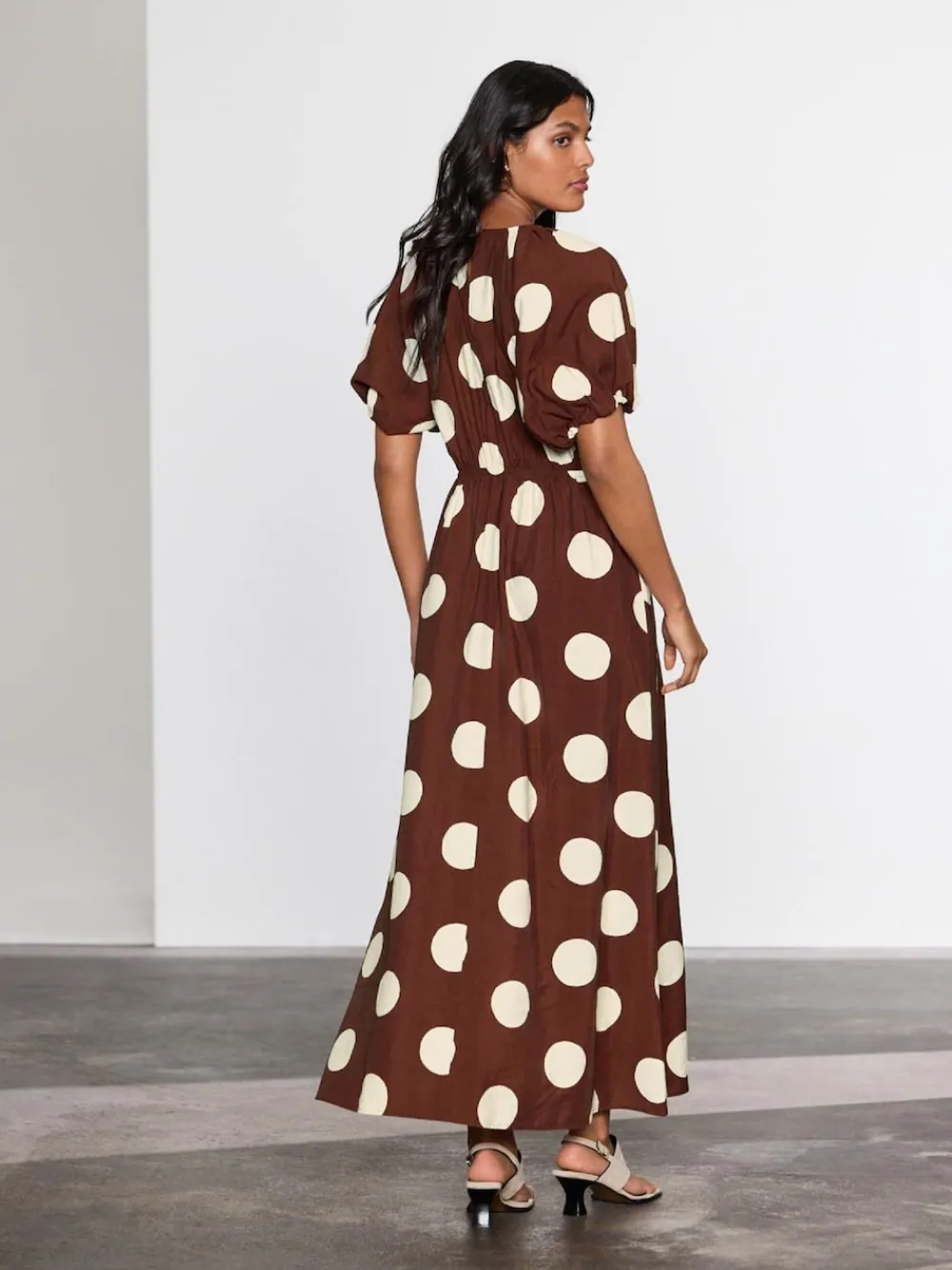 Next Print Puff Sleeve Midi Dress Chocolate Brown Spot