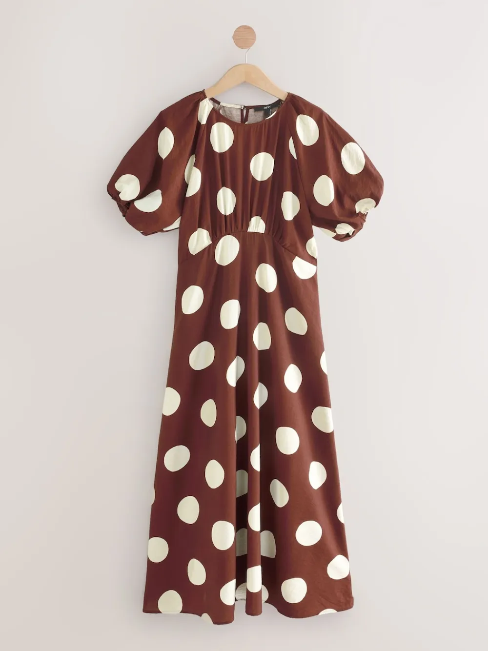 Next Print Puff Sleeve Midi Dress Chocolate Brown Spot