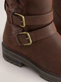 Next Standard/Wide Fit Forever Comfort® Double Buckle Faux Fur Lined Ankle Boots Chocolate Brown Sale