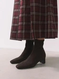 Next Standard/Wide Fit Chisel Toe Block Heel Sock Boots Chocolate Brown Clearance