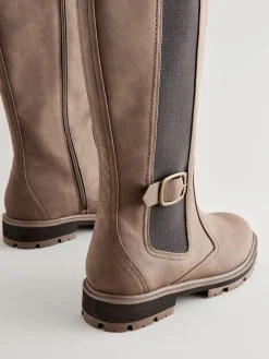Next Standard/Wide Fit Knee High Buckle Chelsea Boots Chocolate Brown New
