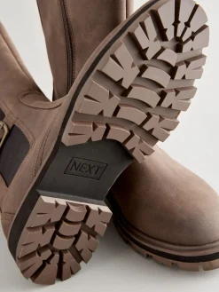 Next Standard/Wide Fit Knee High Buckle Chelsea Boots Chocolate Brown New