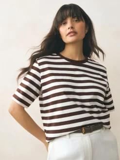 Next Heavyweight Short Sleeve Crew Neck T-Shirt Chocolate Brown Stripe