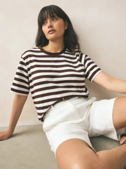 Next Heavyweight Short Sleeve Crew Neck T-Shirt Chocolate Brown Stripe