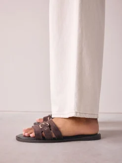 Next Buckle Mule Sandals Chocolate Brown Suede Discount