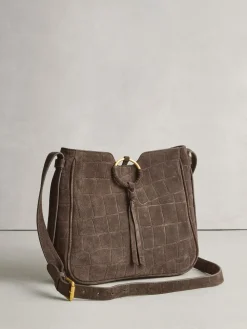 Next Chocolate Brown Suede Croc Messenger Cross-Body Bag New